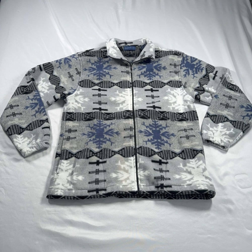 Karen Scott Womens M Snowflake Fleece Jacket Full Zip Winter Nordic Cozy Sweater